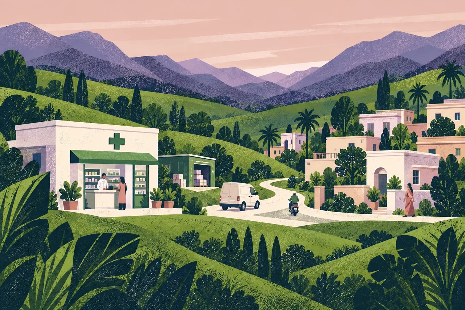 An Indian neighbourhood connected by a winding lane, with a local pharmacy, delivery rider and homes among leafy trees.