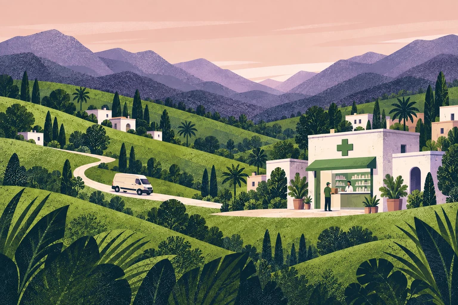 A pharmacist and delivery partner at a neighbourhood pharmacy, with a winding road connecting the town beyond