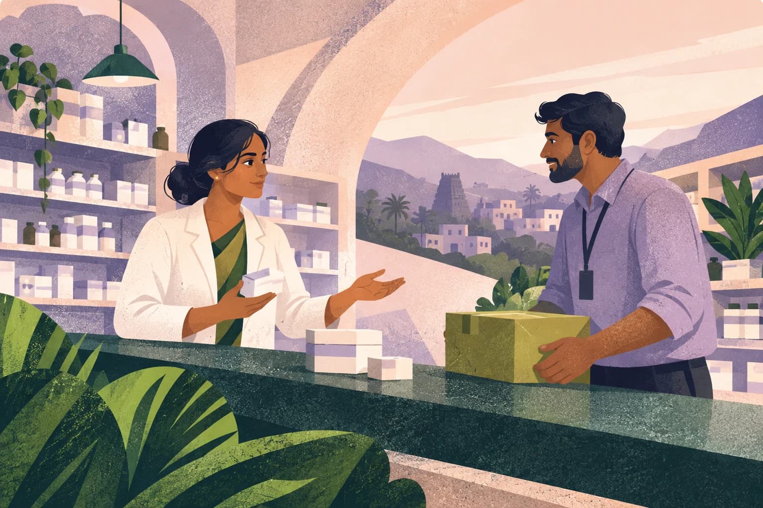 An editorial illustration of a pharmacist and distribution partner working together at a neighbourhood pharmacy counter