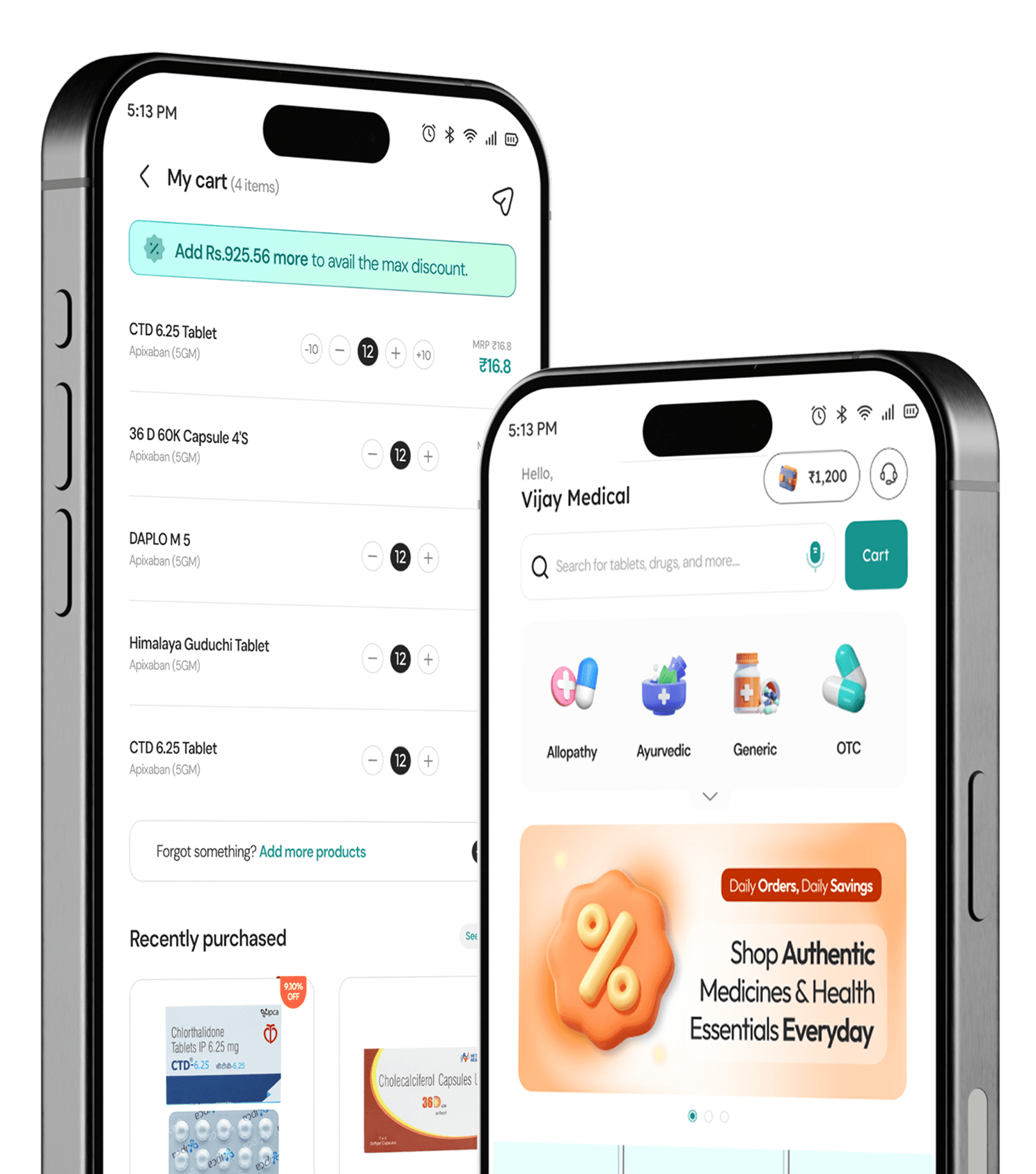 Biddano app screens showing product discovery and a pharmacy shopping cart