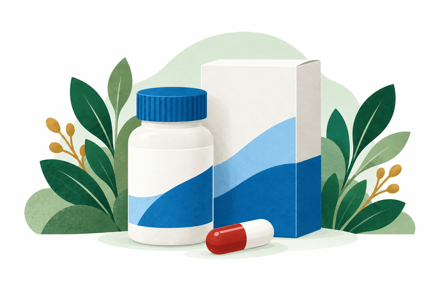 Paper-cut illustration of a blue and white medicine bottle and carton, a red and white capsule, and green foliage