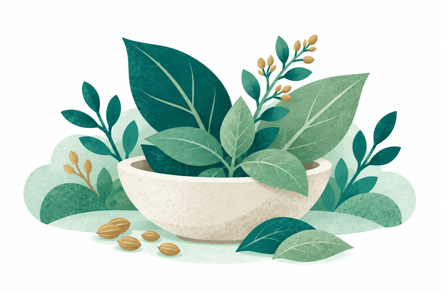 Paper-cut illustration of an ivory herbal bowl filled with medicinal leaves and surrounded by foliage