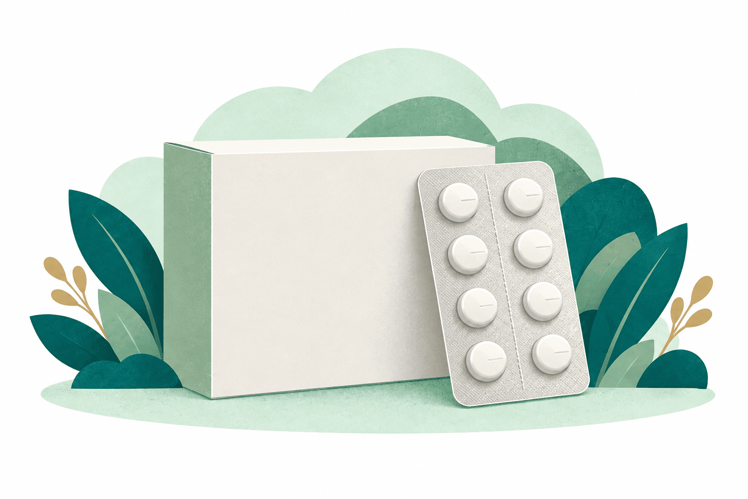 Paper-cut illustration of a blank ivory medicine carton, a silver tablet blister pack, and green foliage