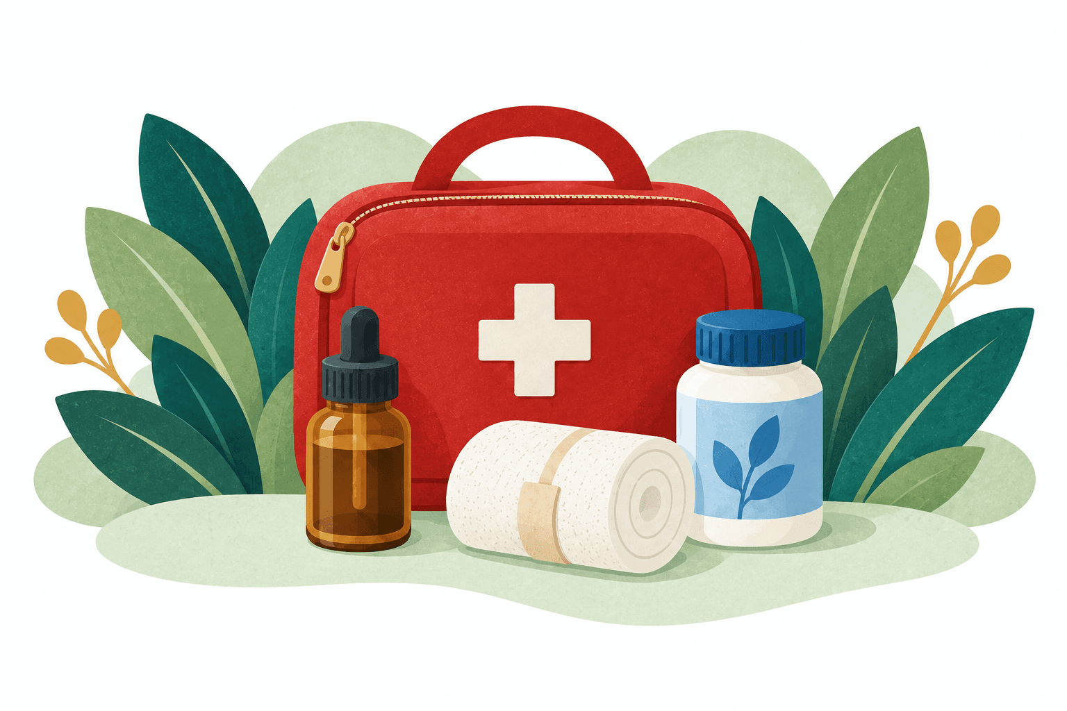 Paper-cut illustration of a red first-aid pouch, an amber dropper bottle, a rolled bandage, and a white bottle