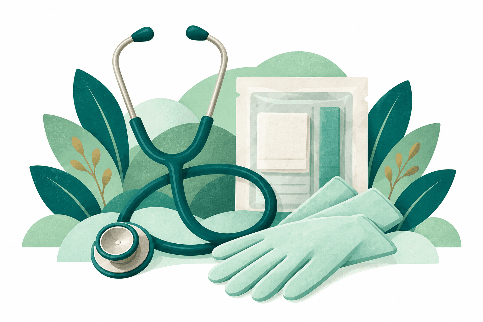 Paper-cut illustration of a dark teal stethoscope, mint surgical gloves, and a sterile supply pack