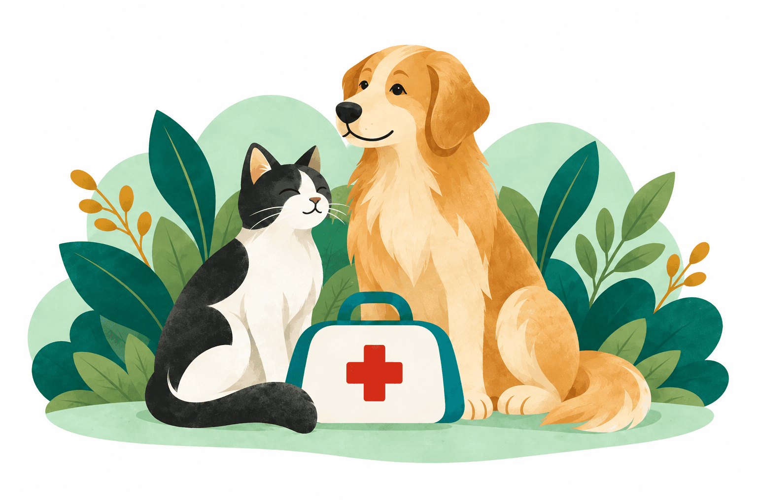 Paper-cut illustration of a golden dog and a black and white cat beside a medical bag