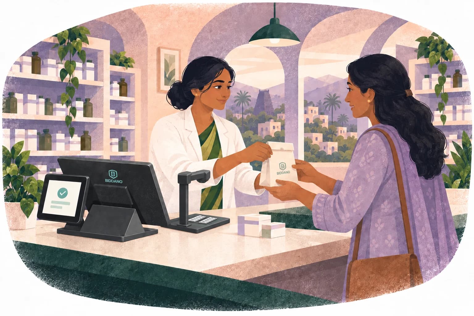 A pharmacist hands a Biddano-branded medicine bag to a customer beside the POS and a scanner facing the pharmacist’s workspace