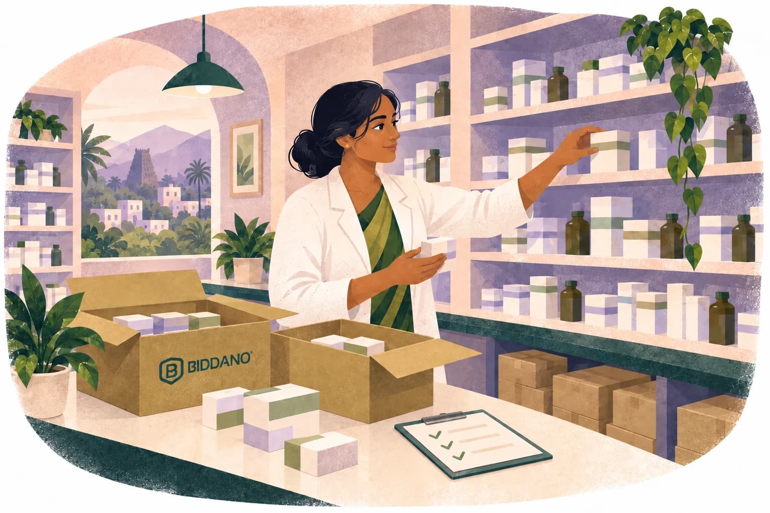 A pharmacy team checking a delivery of medicine cartons and restocking shelves in a calm, well-organised pharmacy