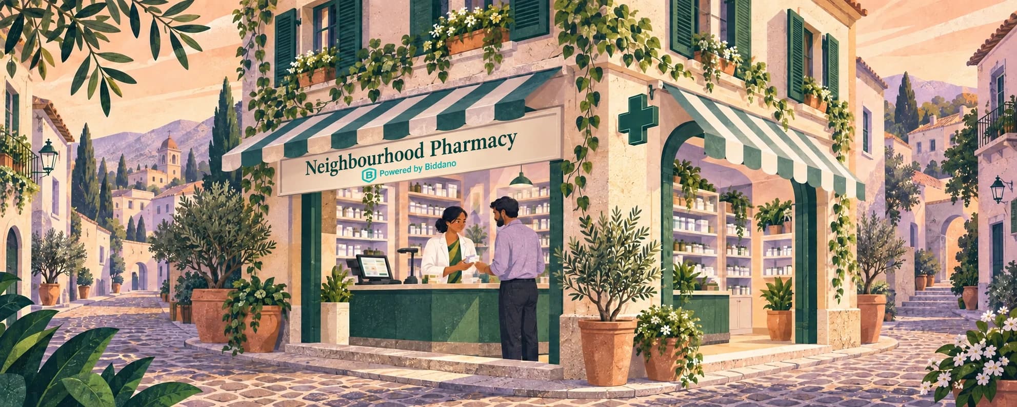 An Italian-inspired corner shop named Neighbourhood Pharmacy, with a Powered by Biddano sign, green awnings and an open pharmacy counter