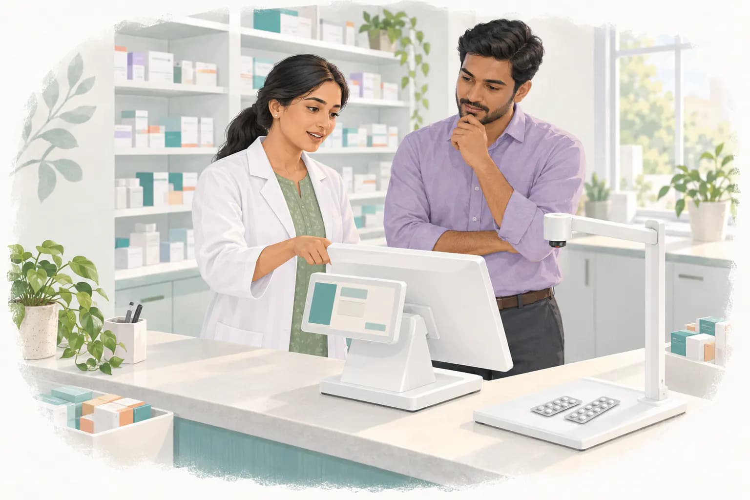 A pharmacist and technology partner review a white POS terminal beside a white overhead medicine scanner
