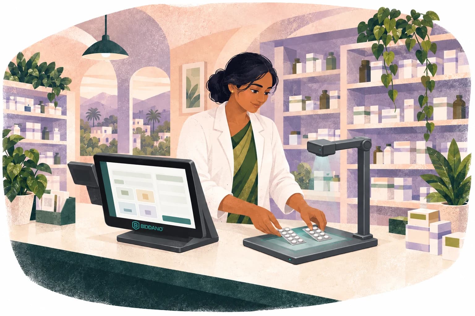 A pharmacist places a medicine strip beneath an overhead scanning camera next to a graphite dual-display POS in a warm neighbourhood pharmacy