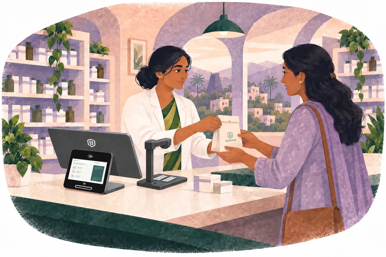 A pharmacist hands a Biddano medicine bag to a customer beside the graphite dual-display POS with its docked customer terminal and an overhead scanner facing the pharmacist’s workspace