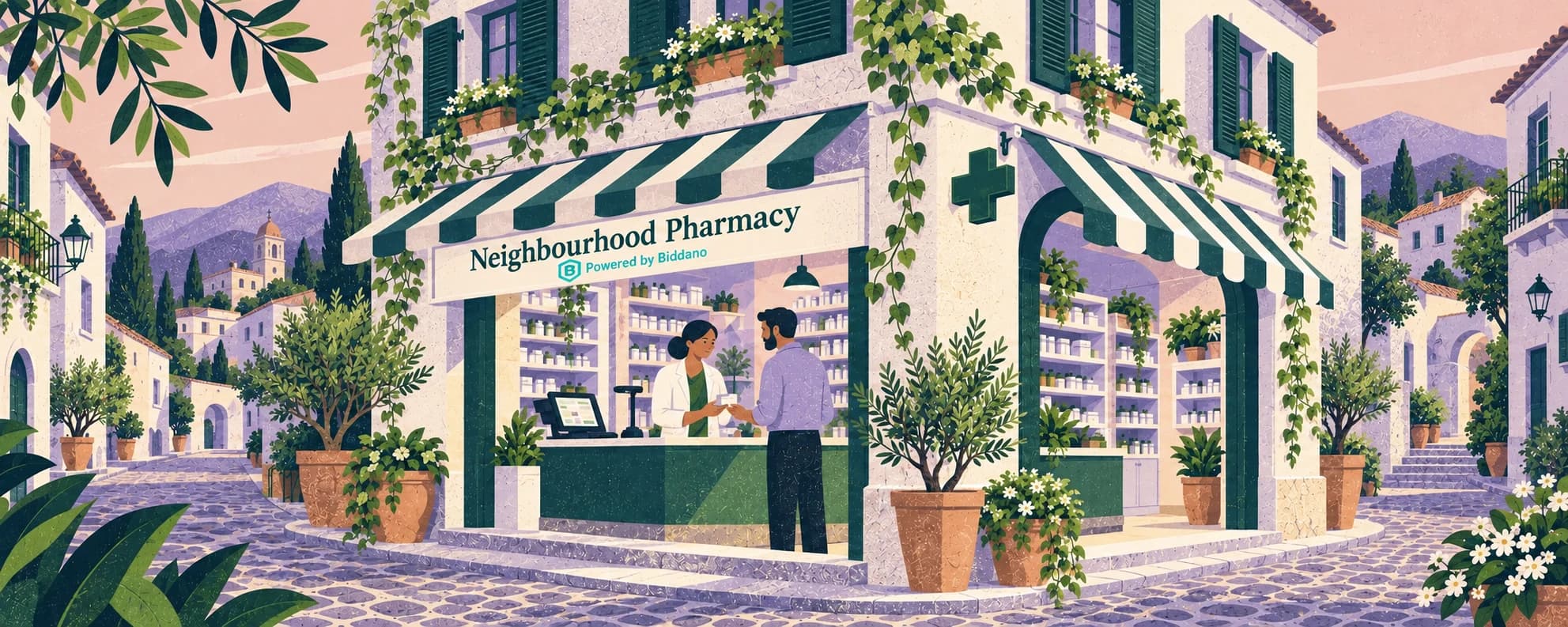 An Italian-inspired corner shop named Neighbourhood Pharmacy, with a Powered by Biddano sign, green awnings and an open pharmacy counter