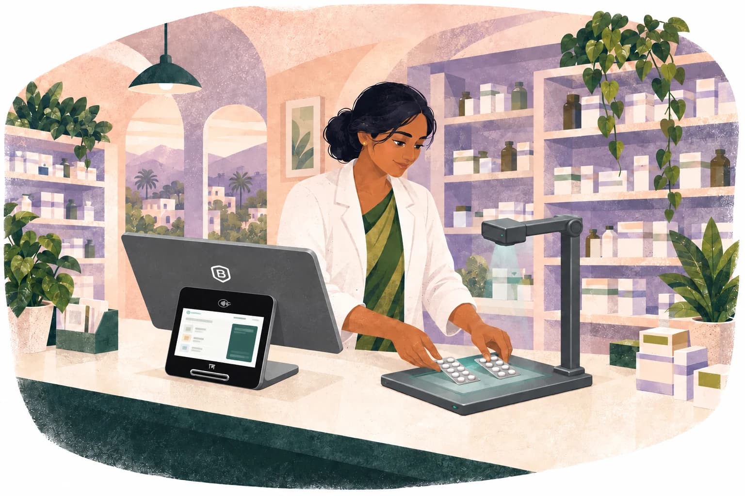 A pharmacist places medicine strips beneath an overhead scanner beside a graphite Biddano POS, with its main display facing her and its docked customer screen facing across the counter