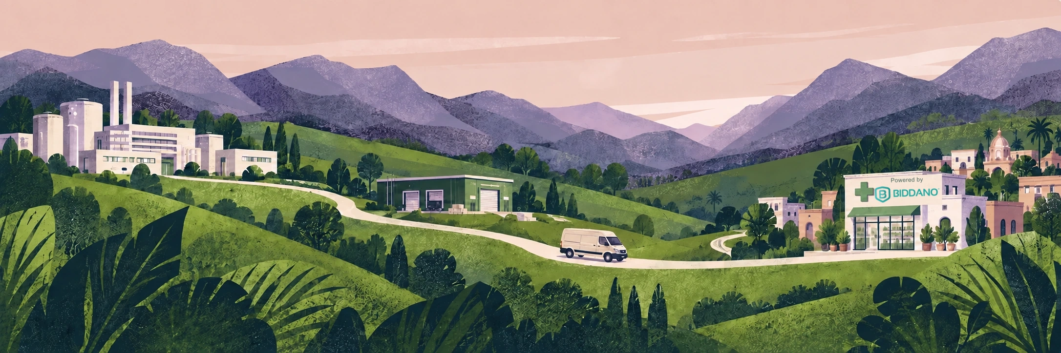 An illustrated supply journey from a manufacturer through distribution to a neighbourhood pharmacy with a Powered by Biddano sign using the official Biddano logo