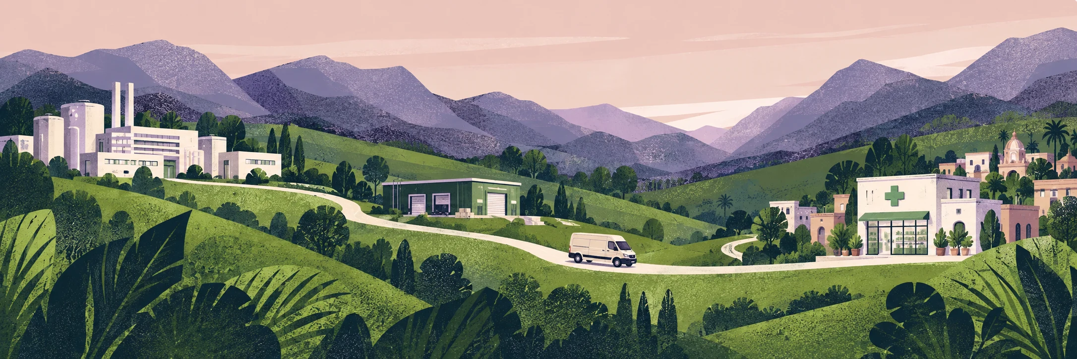 An illustrated supply journey from a manufacturer through distribution to a neighbourhood pharmacy